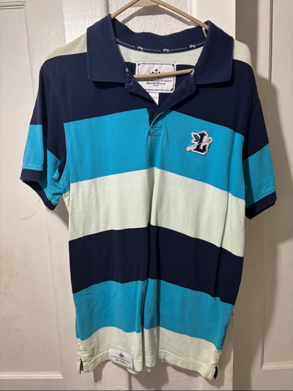 Lrg Men's Blue, Light Blue & White Striped Polo